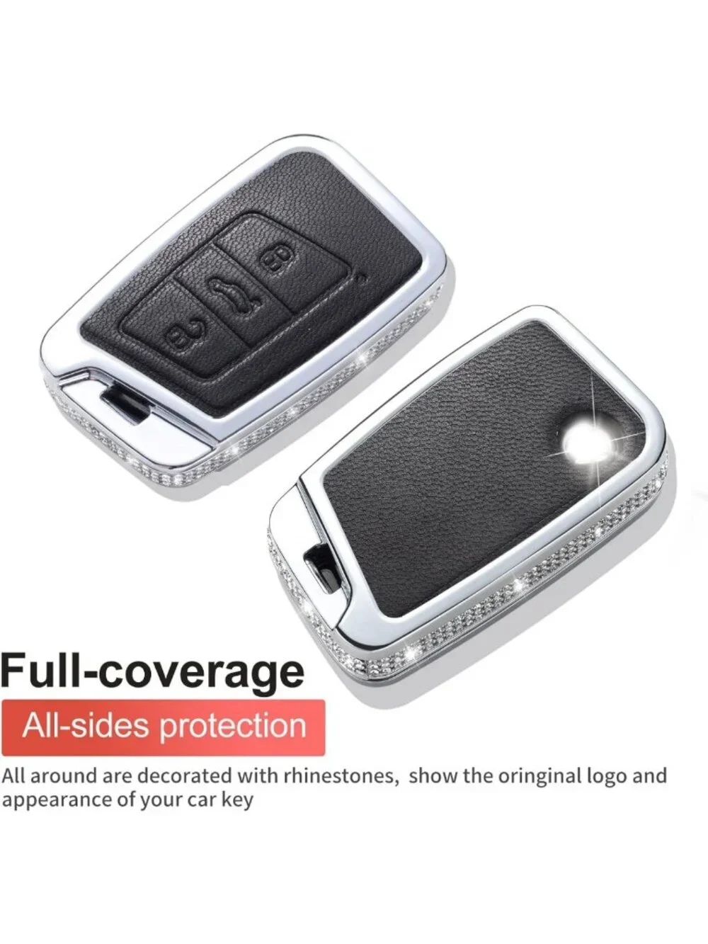Leather Key Fob Cover with Keychain for VW - 360° Protection, Crystal Design, 3